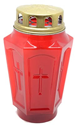(ROJO) Vela de Cementerio, Vela Religiosa, Vela de Iglesia, Estuche de Cruz Transparente Rojo con Tapa Dorada. Vela sin perfume.