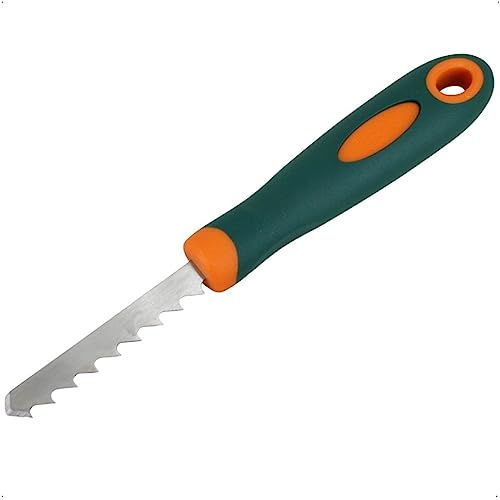 Rekord - Plattenfugenreiniger Edelstahl - Fugenmesser mit Kunststoffgriff | 24 cm langer Unkrautstecher mit Sägezähnen und angeschliffener Klinge zur Entfernung von Gras und Moos im Garten