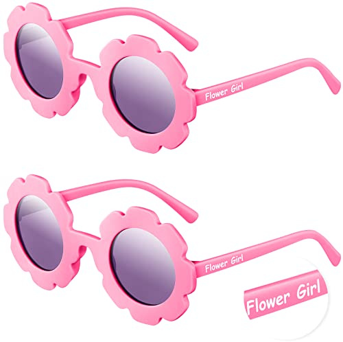 Landhoow 2 Pcs Kids Round Sunglasses - Flower Girl Proposal Gift, Cute Glasses for Outdoor Beach Party (Pink, Flower)