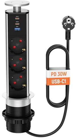 HANNELORE Sänkbart USB C-Uttag, Infällbart för Kök och Kontor, Med USB, Inbyggt Flera Uttag, 1,8 m Kabel, 4000 W/16 A, 60 mm