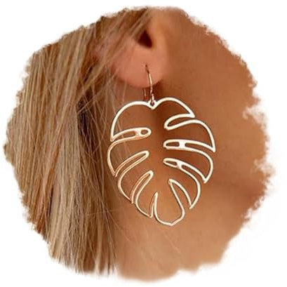 Doubnine Palm Leaf Earrings Large Monstera Gold Line Dangle Earrings Bohemian Summer Festvial Jewelry for Women, L, Plastic Metal, zinc alloy
