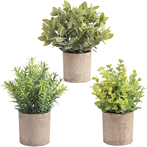 homEdge Künstlicher Mini-Eukalyptus, 3 Packungen künstliche Kunststoffpflanze mit Topf für Zuhause, Büro, Schreibtischdekoration