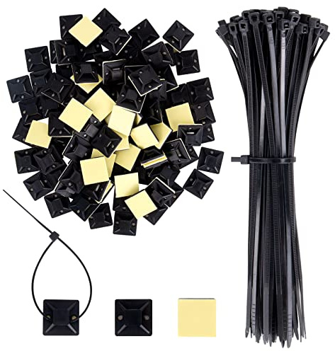 Klebesockel für Kabelbinder, 100 Stück 20 * 20mm Kabelbinder Halter Selbstklebend und 100 Kabelbinder Set, Kabelbinder Klebesockel für Verwaltung aller Arten von Kabeln(Schwarz)