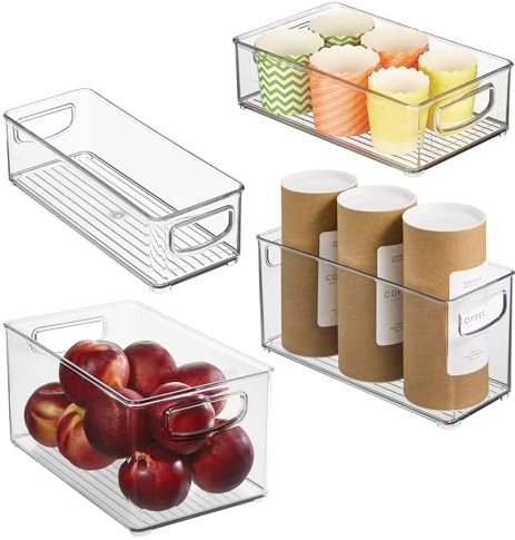 iDesign Juego de 4 cubos organizadores apilables de plástico reciclado con asas para cocina, refrigerador, congelador, despensa y organización de armario, varios tamaños, transparente | Para cocina o despensa, fabricado en Estados Unidos