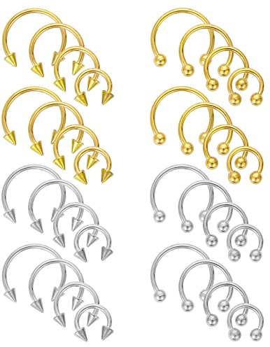 Yolev 32 Stück Hufeisenringe Chirurgenstahl 16G Verschiedene Größen Nasenscheidewand Hufeisen Creolen Augenbrauen Ohrringe Creolen Lippe Hufeisen Nasenring Septum Piercing Damen Herren