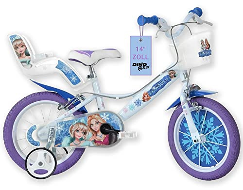 Dino Bikes – 14 tums barncykel Frost – flickcykel med avtagbara stödhjul från 3 år – barncykel med framkorg och dockhållare – justerbar sadel- och styrhöjd (vit, blå)