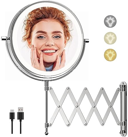 FUNTOUCH USB Wiederaufladbar Kosmetikspiegel mit 1X/ 10X Vergrößerung, 3 Farben Beleuchtung, Touchscreen-Dimmung, Verlängerter Arm Schminkspiegel, 360° Drehbar Wandspiegel für Badezimmer und Hotel