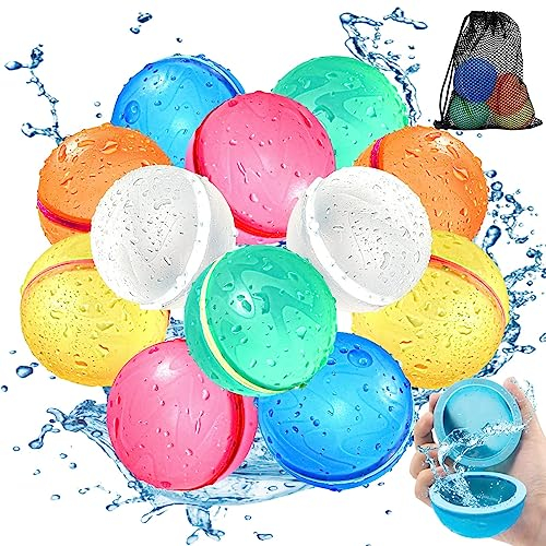 Tosekry 12 Stück Wasserbomben Wiederverwendbar mit Netzbeutel, Wasserbomben Selbstschließend Wasserspielzeug Kinder Outdoor Spielzeug Junge Magic Splashy Balls Pool Spielzeug