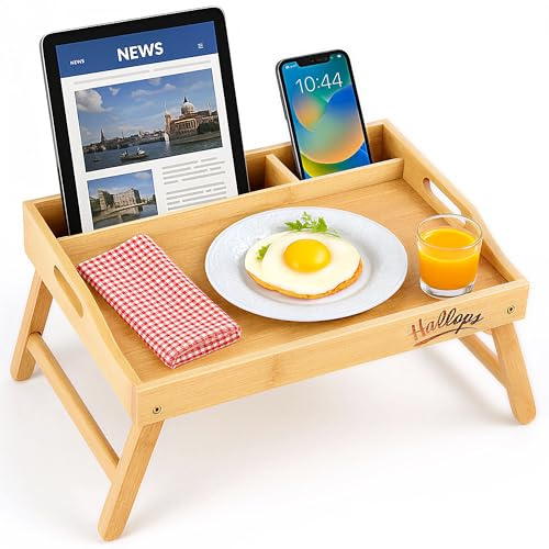 Hallops Bed Trays for Eating and Laptops - Adjustable, Foldable, and Spill-Resistant Table Tray - 2 Media Slots for Phones/Tablets - Lap Trays for Eating on Couch - 2.3 Hx15.7''Lx11''W (Bamboo)