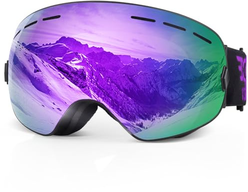 EXP VISION Snowboard skidglasögon män kvinnor ungdomar, anti-dimma OTG vinter snöglasögon sfäriska avtagbara linser (druvor)