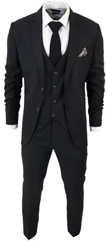 Men's Classic Black Suit 3 Piece Tailored Fit Vintage Office Funeral Security Waiter Wedding - Black 38