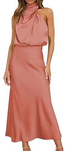 Damen Elegant Ärmellos Neckholder Satin Sommer Hochzeit Lang Abendkleider