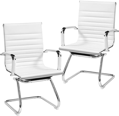 Yaheetech Set 2 Sedie Ufficio Bianche Senza Ruote per Ospiti Visitatori Riunioni Conferenza Ergonomiche in Pelle Sintetica con Schienale e Braccioli Design Cantilever