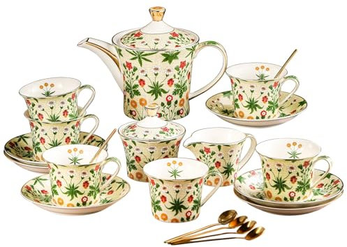 ACMLIFE Juego de té de porcelana china con tetera, juego de té floral para adultos, juegos de té británico para mujeres, fiesta de té o regalo