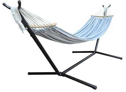 GOCAN, Amaca matrimoniale per 2 persone, grande, 220 x 150 cm, con supporto in acciaio e barre distanziatrici rimovibili, capacità di carico 227 kg, in tela e cotone, per interni ed esterni, grigio