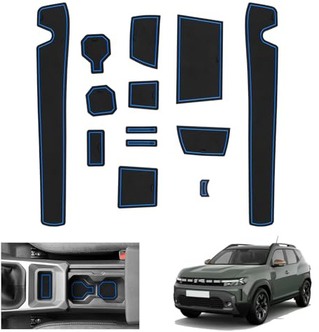 GAFAT Nuovo Dacia Duster 3 2024 2025 2026 Tappetini Antiscivolo, Tappetino in Gomma per Console Centrale, Porta Bicchieri, Cuciture Porte, Dacia Duster 3 Accessori (Blu)