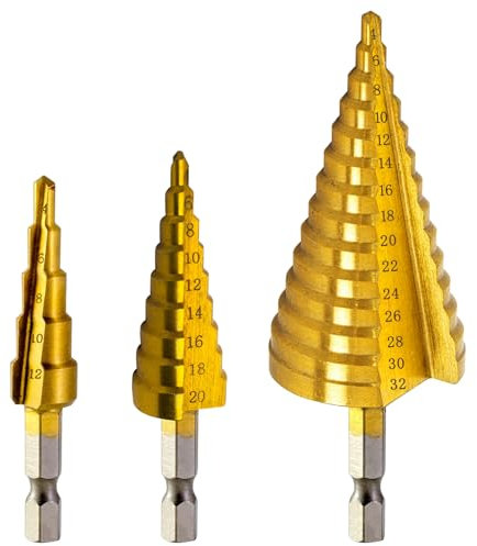 3 Pezzi Trapano Gradino Spirale HSS, Fresa Conica in Titanio Cobalto da Fresa Conica per Eseguire Foro Perforazione in Legno Acciaio Metallo Plastica Ottone 4-12mm/4-20mm/4-32mm