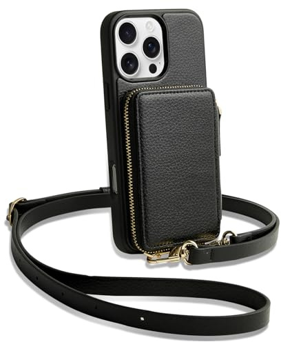 CUSTYPE für iPhone 16 Pro Hülle mit Band, Kartenfach und Geldbörse aus Mikrofaserleder, Handykette für iPhone 16 Pro Schwarz 6,3