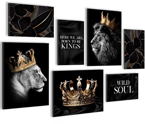 Novart Wandbilder Löwe König der Tiere - KOMPLETT AUFHÄNGFERTIG - Schwarz Gold Wohnzimmer Schlafzimmer Flur - 7 Moderne Mood-Bilder - N029771c