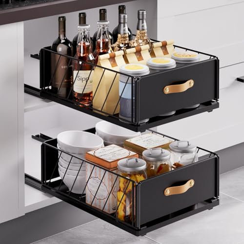 Alishomtll Teleskopschublade, Ausziehbare Schublade Küchen für Küchenschrank, Schrank Cabinet Organizer Metall Slide Out Kein Bohren mit Griff, für Küche, Bad, Wohnzimmer, 30x40x15.5cm 2 Stück Schwarz