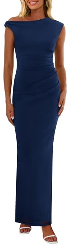 PRETTYGARDEN Women's 2026 Summer Formal Maxi Dresses Sleeveless One Shoulder Bodycon Ruched Mesh Wedding Guest Cocktail Dress (Navy,Large)