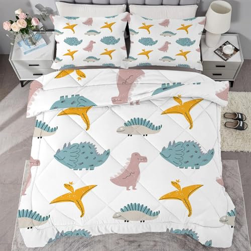 buyluhn Piumino completo con dinosauro, reversibile, per tutte le stagioni, per letto matrimoniale, lavabile in lavatrice, per letto matrimoniale, estate e inverno, leggero, 2 federe