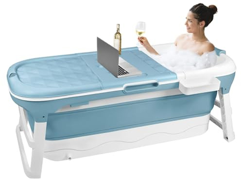 YARDIN Faltbare Badewanne für Erwachsene, 148x62x52 cm Mobile Klappbadewanne, Ideal für Kleine Badezimmer, Platzsparend und Tragbar, Inklusive Badekissen und Ablaufschlauch, Blau