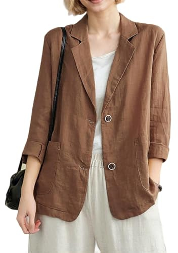 YOUNIFIZ Blazer d'été décontracté en lin à manches 3/4 avec revers cranté et poches pour femme, A_marron, M