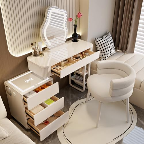 MYDD8 Schminktisch Mit Beleuchtung Und Hocker,Moderner Frisiertisch Mit Kabelloser Aufladung, Bluetooth-Audio， Schminktisch Mit Spiegel, 3 Farben Mit Einstellbarer Helligkeit ，Für Das Schlafzimmer