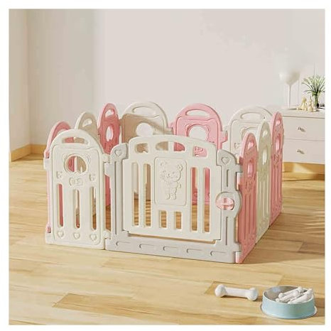 HBOOMOEM Welpenauslauf，Plastik Welpenlaufstall，Freilaufgehege Mit TüR，Tragbare Hundegehege，Tragbare Welpenlaufstall，Geeignet FüR Welpen, Katzen, Kaninchen Und Andere Tiere(White Pink,14 PIECES_61CM/24