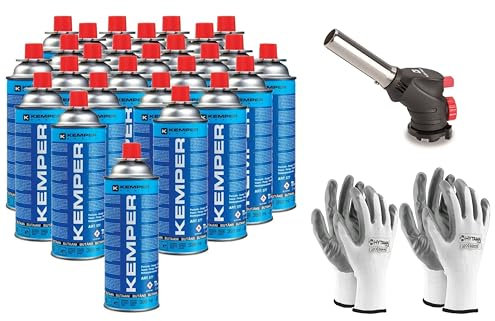 Kemper - Torcia Cannello a gas, Scottatore da Cucina, Caramellatore + Ricarica di Gas Butano da 227 g, multifunzione + 2 Paia Guanti Omaggio (27 BUTANO + CANNELLO)