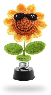 HSUYUN Auto Innenraum Deko, Shake Wackelkopf Figur Auto, Häkel-Sonnenblumen-Armaturenbrett-Dekorationen, Sonnenbrille Sonnenblume Deko Büro,für Dekoration, Verschenken