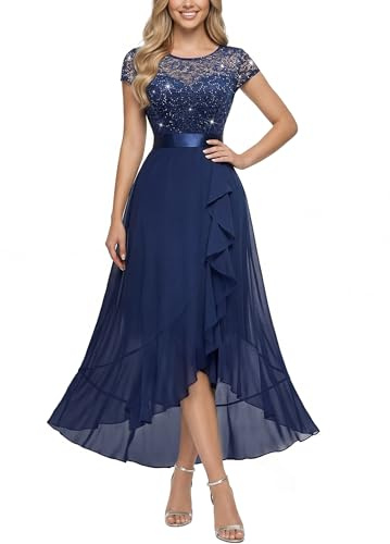 MIUSOL Women's Elegant Floral Lace Ruffle Evening Formal Wedding Guest Party Maxi Dress (Large, Sequin Version - Navy Blue)