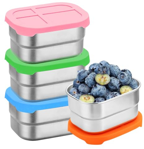 4 Stück 230 ml Edelstahl-Snack Box mit Deckel aus Silikon, Snack-Behälter, Gefrierdosen Klein Dosen, Snackbox, Edelstahl Snack Box, Lebensmittelbehälter, Auslaufsichere Snackbox für Snacks Obst Müsli