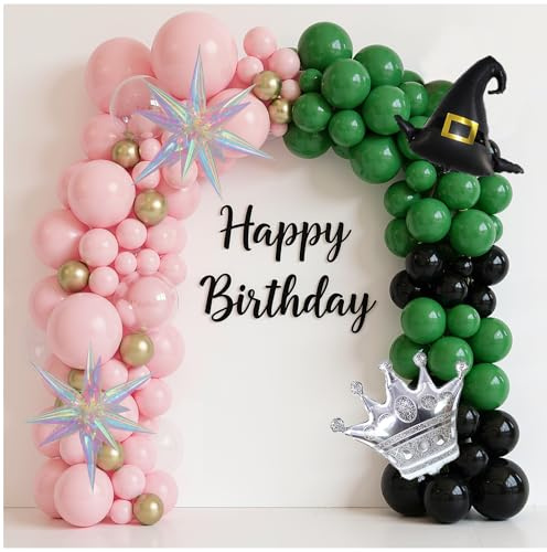 Dark Green and Pink Balloons Arch Set for Witch-Themed Party, 160Pcs Dark Green, Baby Pink, Black, Gold, Clear Bobo, Witch Hat, Crown, and Exploding Star Balloons Kits for Birthday Decoration