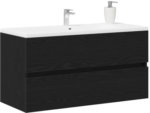 vidaXL Badrumsskåp med handfat med låda Svart Ek 90 x 38,5 x 45 cm, Elegant förvaring, rektangulär badrumsskåp, modern tvättställ, snygg och funktionell badinredning