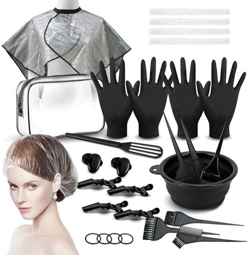 POMFAEE 30pcs Hair Dye Coloring Kit, Hair Coloring Kit, Salon Hair Dye Tools, Hair Dye Brush and Bowl Set, Hair Dye Kit, Complete DIY Tools for Home Hair Coloring, Black