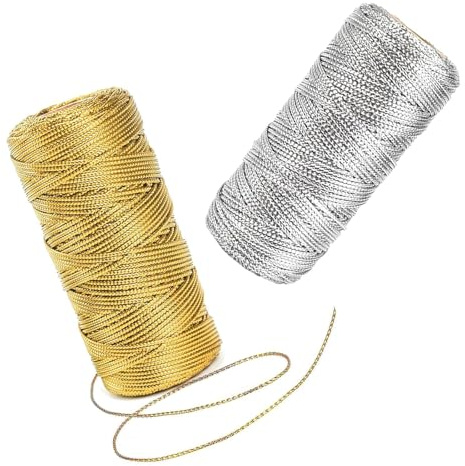 HASLED Goldene Kordel 2er Set (Jede Rolle ist 100 m Lang) | Geschenkband Gold & Silber | Polyester Garn für DIY, Schmuck & Geschenkverpackung | Unelastisches Drahtband
