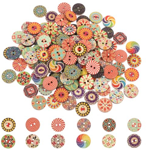 cobee 200 Stück Bunte Holzknöpfe, 15mm Vintage Nähen Knöpfe Rund Blumen Puppenknöpfe Basteln Buttons Knöpfe zum Annähen, Geometrishes Muster Kinderknöpfe für Nähen DIY Basteln Handwerk Deko
