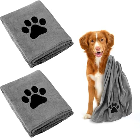 Deepton 2 Pack Super Absorbent Dog Towels for Drying Dogs (75 x 35 cm/Grey)