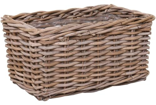 VIVANNO Blumenkasten Rattan 40x23x20 cm - Pflanzkorb Grau Natur Indoor | Handgefertigter Pflanzkasten aus echtem Rattan, inklusive praktischer Folienauskleidung für den Innenbereich