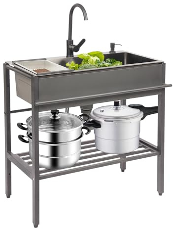 Fregadero de cocina independiente de acero inoxidable, 1 cuenco, 80 x 45 x 86 cm, fregadero comercial con grifo y escurridor, lavabo móvil con estante para exterior, interior
