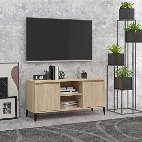 Youuihom TV-Schrank Lowboard in Sonoma-Eiche 103,5x35x50 cm mit 2 Ablagen und Fächern, robuster Metallgestell-Fernsehtisch, modernes Sideboard für Wohnzimmer und Schlafzimmer