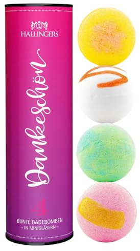 Hallingers Genuss Manufaktur Badebomben Dankeschön-Geschenk-Set - 4x Badekugeln Bath Bombs in edler Geschenkdose, Frauen Badeperlen-Wellness & Spa Dankeschön, Geschenkidee für Frauen Männer