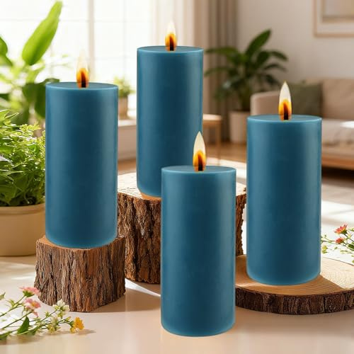 4 Stück Stumpenkerzen, Stumpenkerzen Blau Höhe 10 cm Ø 5 cm, Lange Brenndauer, Kerzen Set Säulenkerzen Kerzen-Deko Tafelkerzen Weihnachts-Kerzen für Haushalt, Feiern und Gastronomie