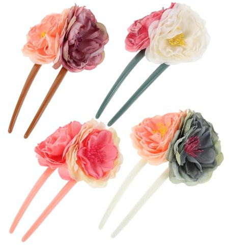 BAZEITFLOW 4 Pièces U-shaped Bun Holders Vintage Flower Hair Sticks For Women Dual-color Fabric Rose Traditional Chinese Updo Hair Accessories