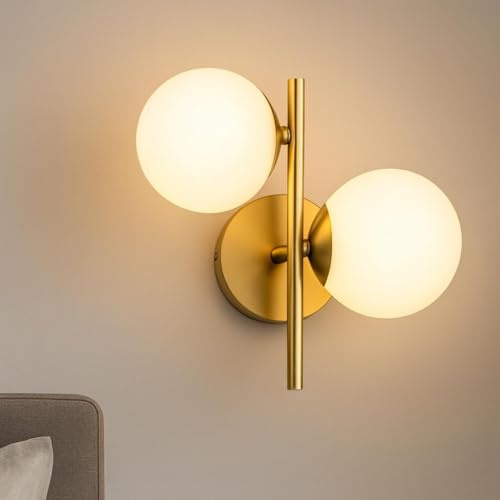 TEKHOME Applique Moderna da Parete in Ottone con 2 Sfere in Vetro, Attacco G9, Design Minimal, Lampada da Parete per Camera da Letto, Soggiorno, Corridoio – IP20 – Senza Lampadina AQ42