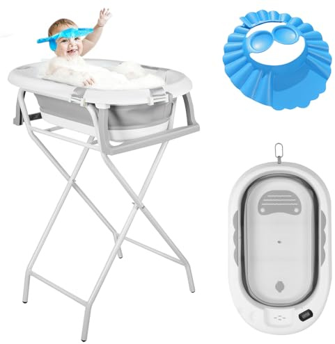 Baby Badewanne mit Gestell, Faltbare Babywanne mit Thermometer, Badekissen und mit Badekappe, Ablaufsystem (Grau, 55x40x91 cm)