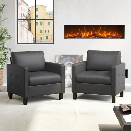 STHOUYN Accent Chairs Set of 2, Black Faux Leather Chair, Mid-Century Modern Living Room Chairs, Cozy Office Reading Chair with Tufted Seat and Armrest, Armchairs for Waiting Room, Bedroom (2)