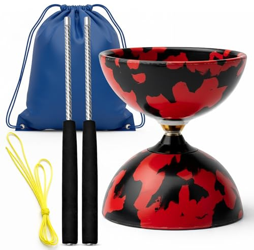 ProXopi Diábolo Profesional Triple Rodamiento, Diabolo de Malabares con Palos de Fibra de Carbono, Cuerda y Bolsa de Transporte, Estable y Resistente para Principiantes y Adultos (Rojo y Negro)